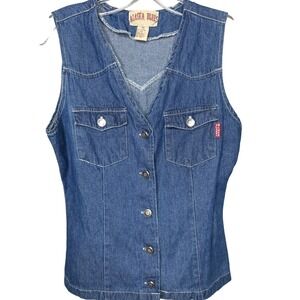 Vintage Alaska Blues Denim‎ Vest Women M Sleeveless Button Up Jean vest  cotton
